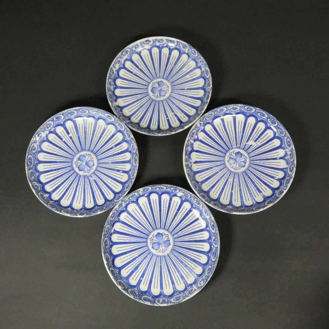 皿 中皿 4枚 印判染付 歪み 菊文様 蛸唐草 明治 大正