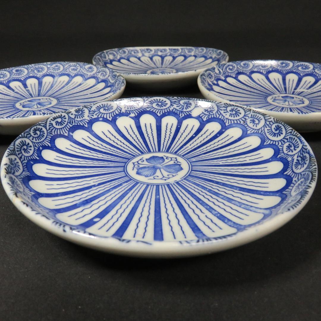 皿 中皿 4枚 印判染付 歪み 菊文様 蛸唐草 明治 大正