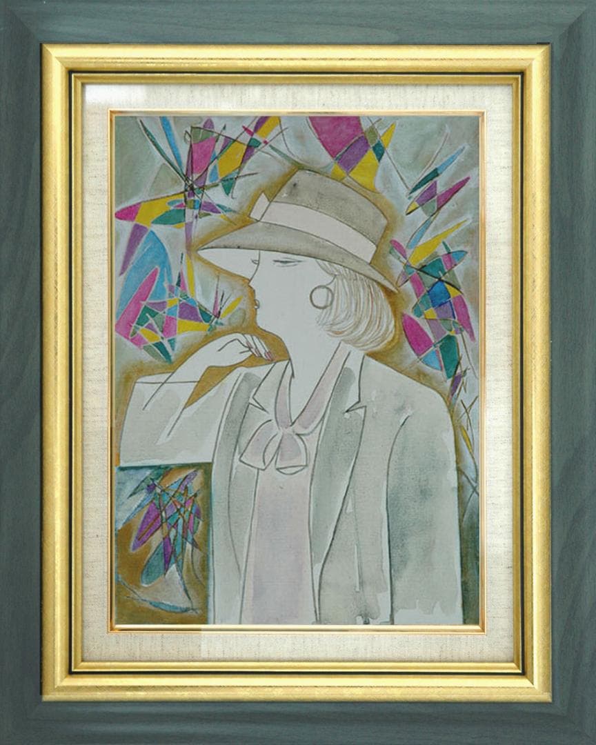 油絵 菅家令子 絵 絵画インテリア額付(青緑＋金色の枠) F4-071412女性