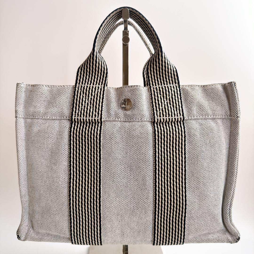 エルメス フールトゥPM ハンド トート バッグ グレー ブラック ストライプ