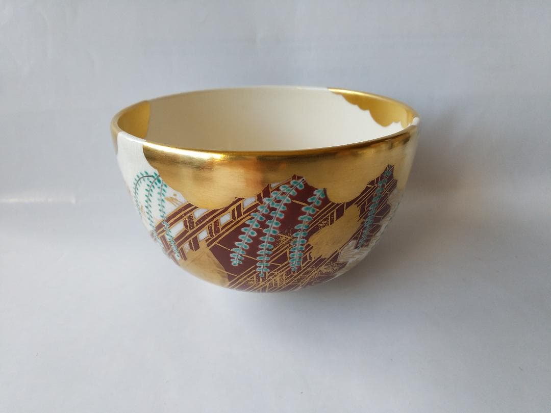 京焼 平安 御室窯 造 仁清 柳橋 茶碗 共箱 共布 金彩 茶道具 抹茶碗 美品