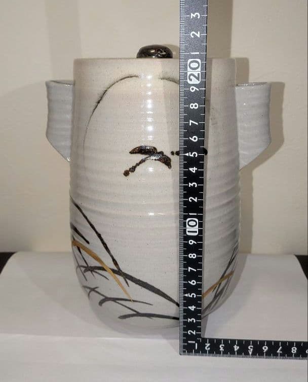 『陽炎園』月に雁絵　耳付き水指　細水指　膳所焼　茶道具　共箱共布　秋月見