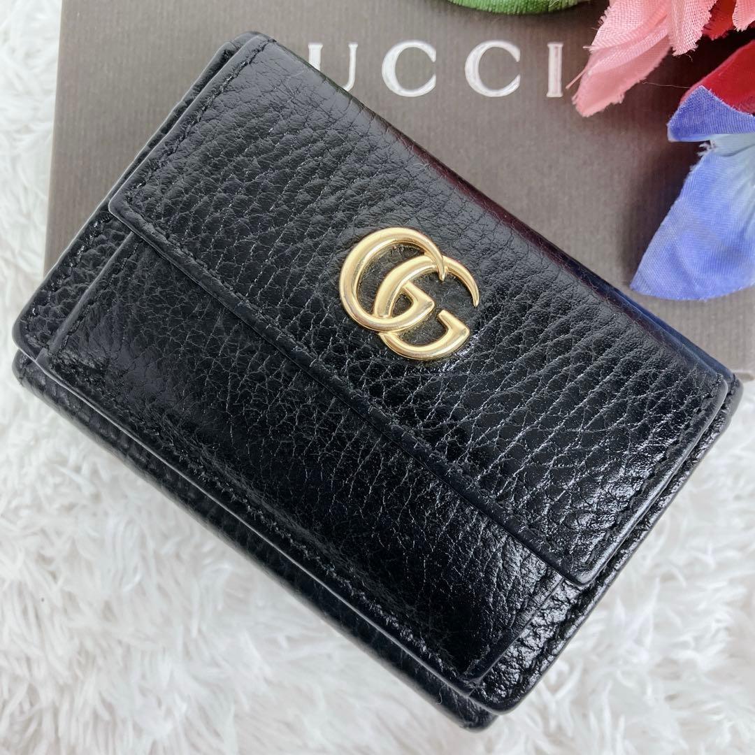 専用グッチ GGマーモント 523277 三つ折財布 シボ革 黒　ゴールドロゴ