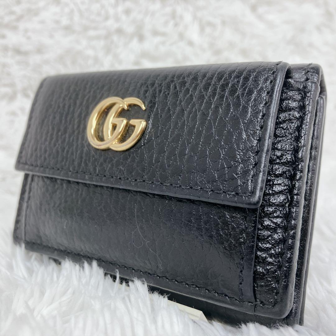 専用グッチ GGマーモント 523277 三つ折財布 シボ革 黒　ゴールドロゴ