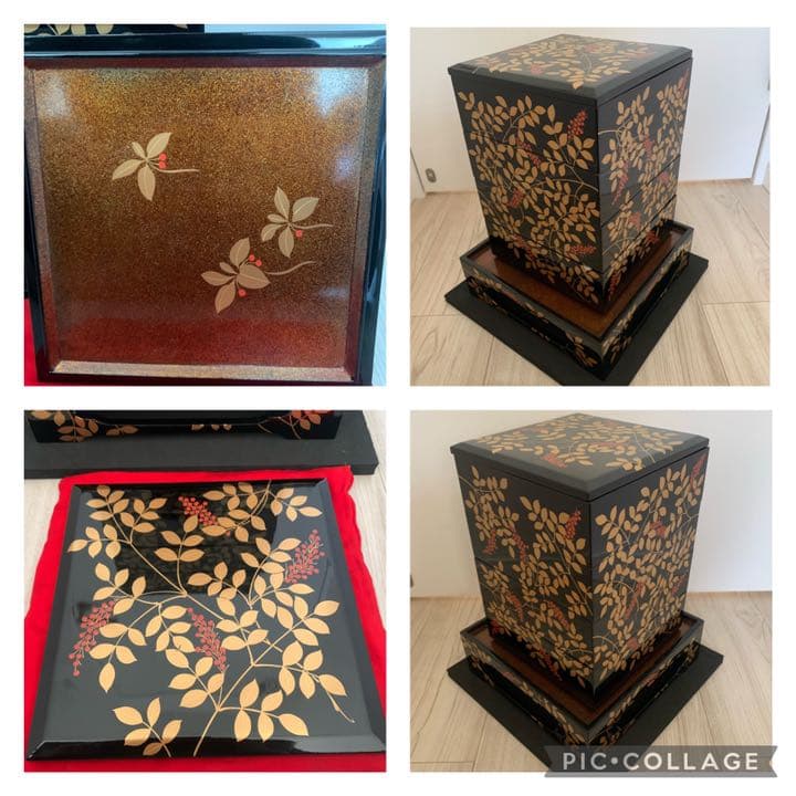 極上 南天蒔絵 呂色内梨子地 小重 台座付 四段重 木製漆器 重箱 お重