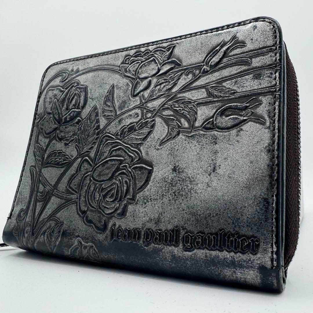 ジャンポールゴルチエ　二つ折り財布　アンティークメタリック加工　薔薇　男女兼用