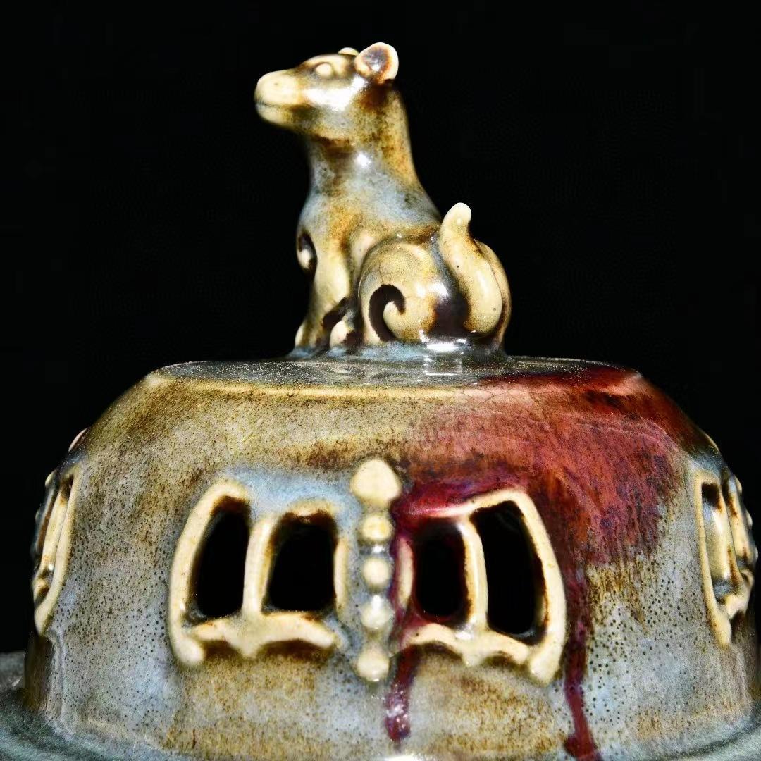 中国古美術・旧蔵の磁器、曜変釉と鎏金で口と双耳香炉・20x28cm・茶道具・置物