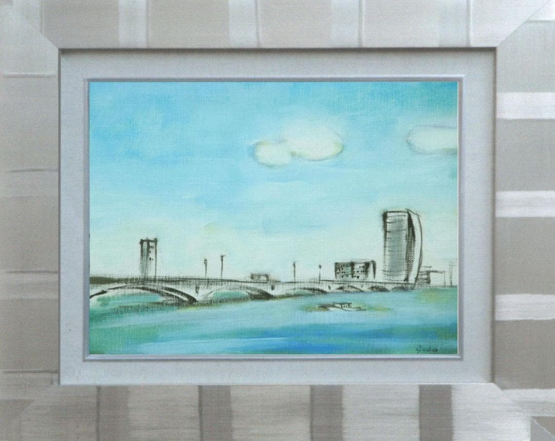 油絵 菅家令子 絵画インテリア額付(青緑＋金色の枠)F4-090114風景万代橋