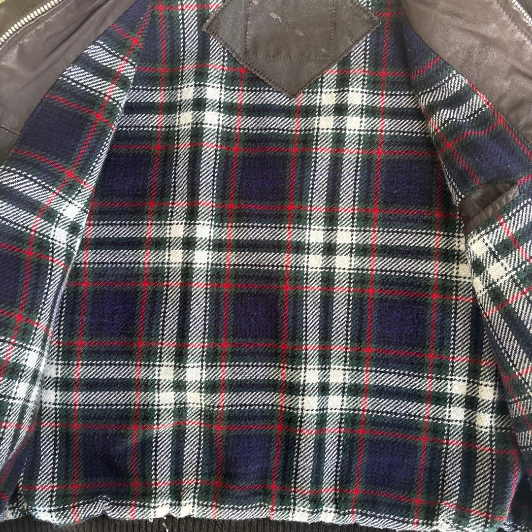 90s 短丈 レザージャケット MA-1型 ブラウン チェック柄 古着 本革