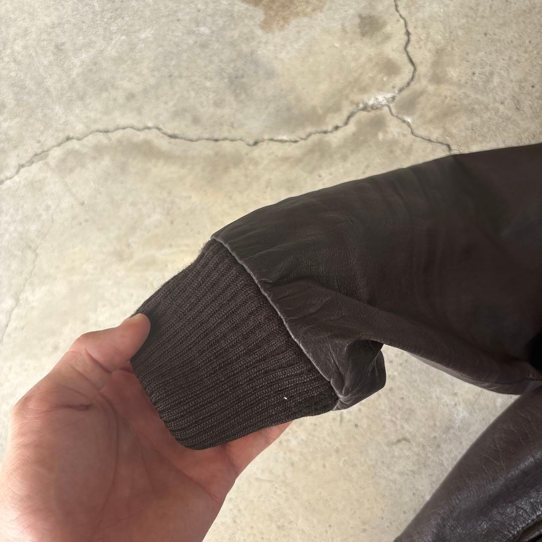 90s 短丈 レザージャケット MA-1型 ブラウン チェック柄 古着 本革