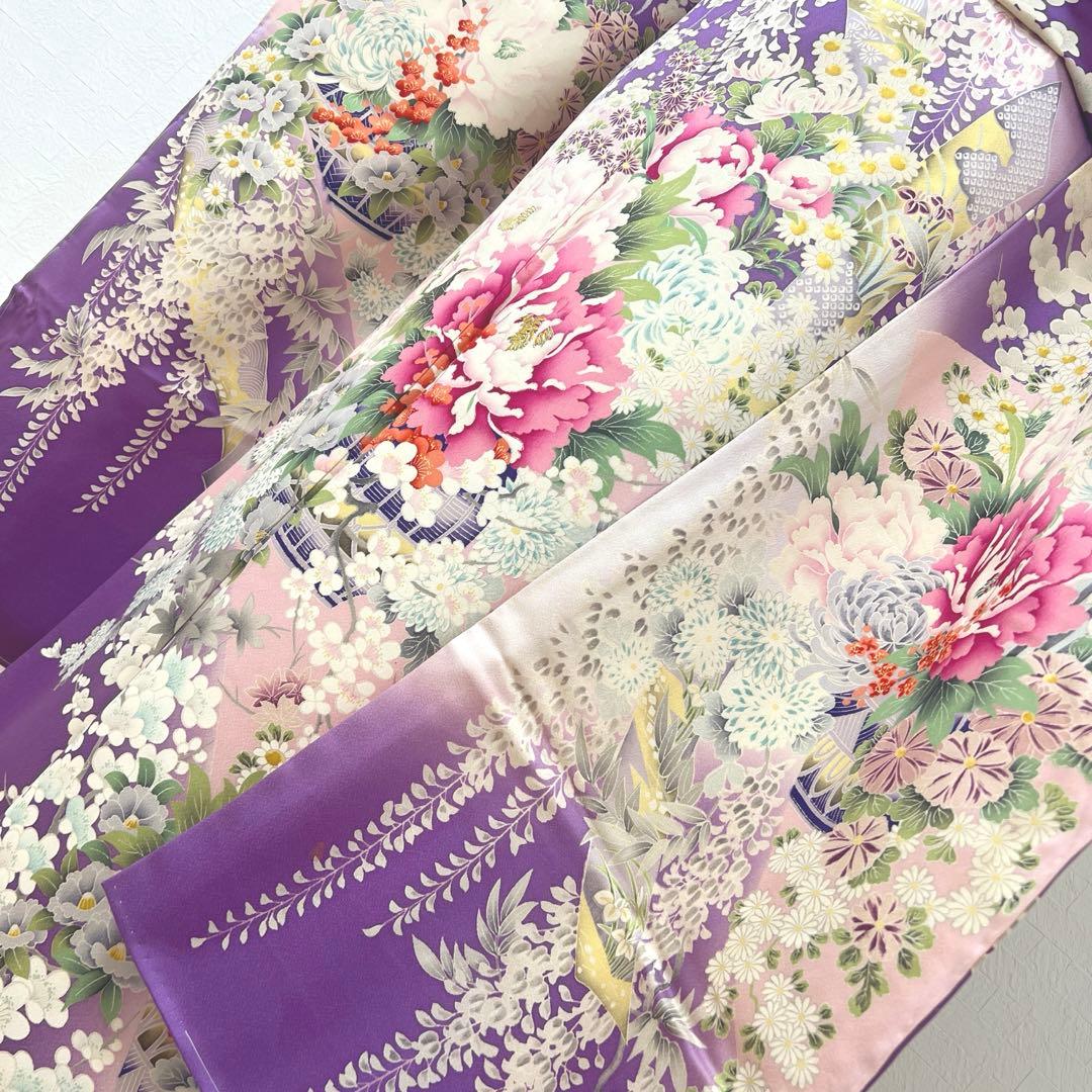 473 振袖フルセット 正絹 薄紫 桃 ピンク 金彩 駒刺繍 暈し染め お上品