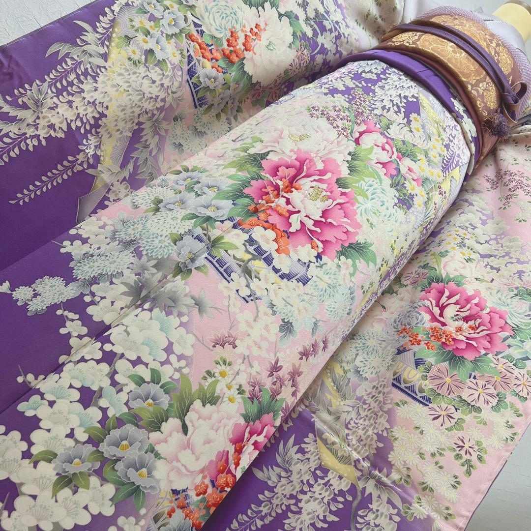 473 振袖フルセット 正絹 薄紫 桃 ピンク 金彩 駒刺繍 暈し染め お上品