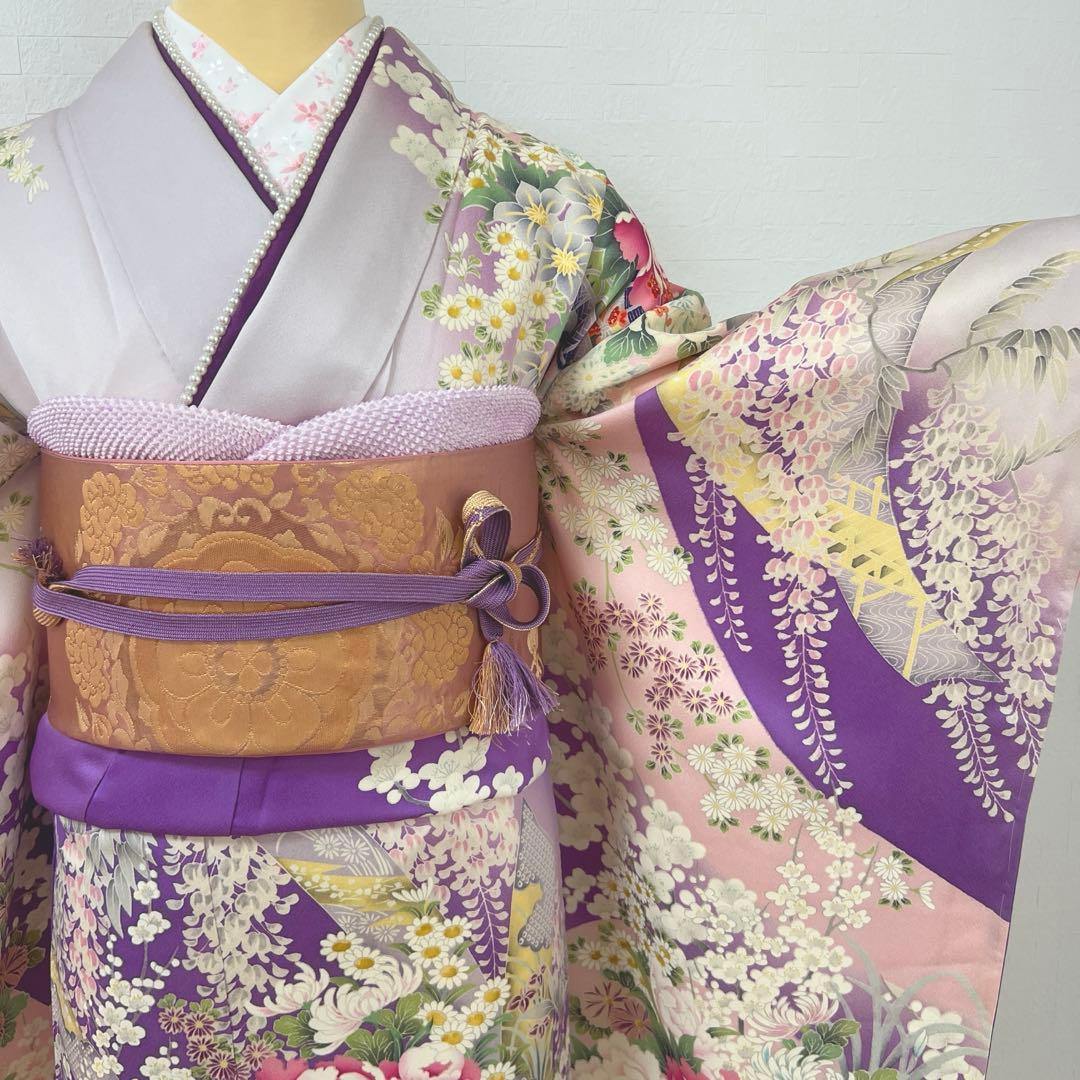 473 振袖フルセット 正絹 薄紫 桃 ピンク 金彩 駒刺繍 暈し染め お上品