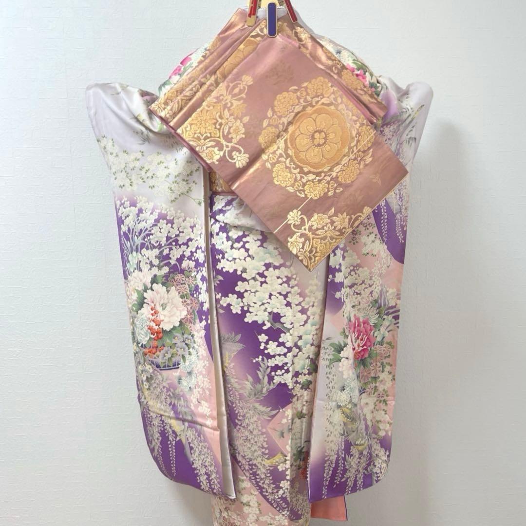 473 振袖フルセット 正絹 薄紫 桃 ピンク 金彩 駒刺繍 暈し染め お上品