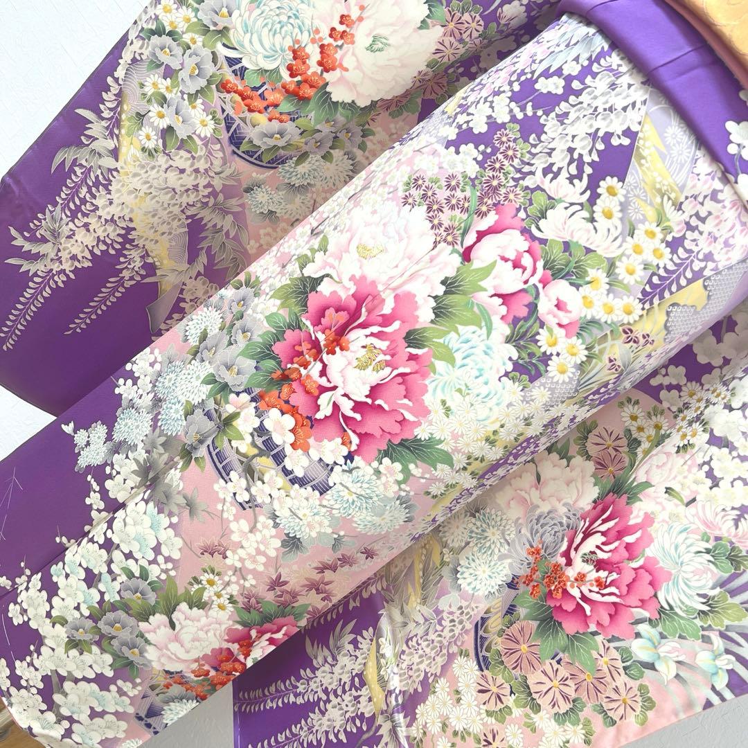 473 振袖フルセット 正絹 薄紫 桃 ピンク 金彩 駒刺繍 暈し染め お上品