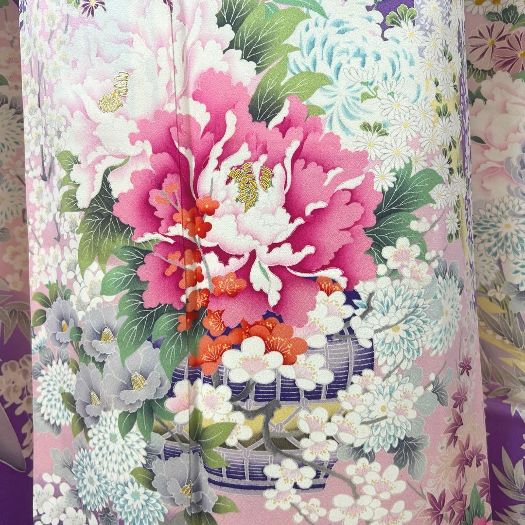 473 振袖フルセット 正絹 薄紫 桃 ピンク 金彩 駒刺繍 暈し染め お上品