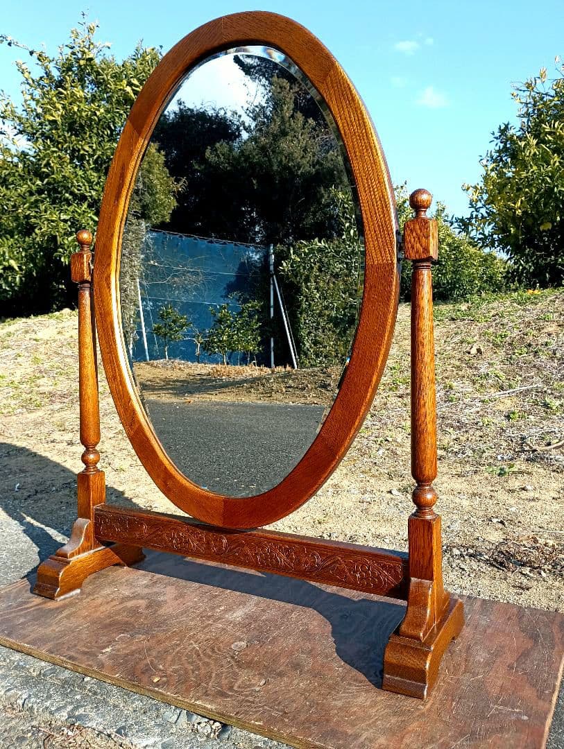 ヴィンテージ　イギリス　姿見　大型　オーバル　手彫り　オーク　スタンド　ミラー