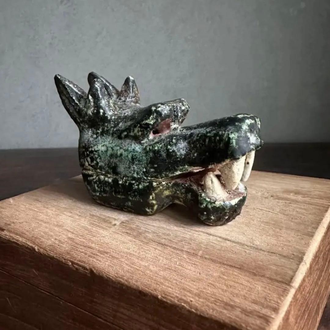 【珍品】美濃焼 織部焼 香道具 龍の頭型香合  龍頭香合 陶印あり 骨董