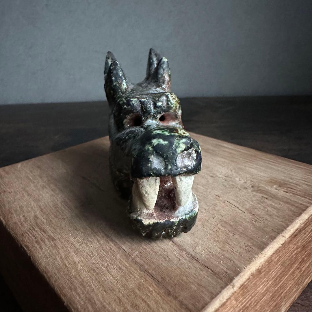 【珍品】美濃焼 織部焼 香道具 龍の頭型香合  龍頭香合 陶印あり 骨董