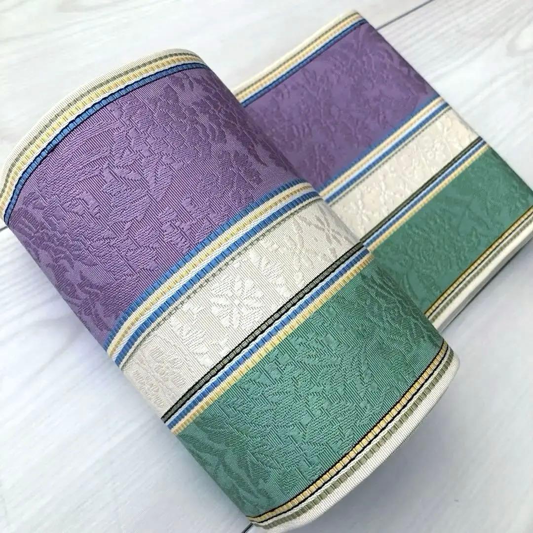 本場筑前博多織　半幅帯　織り出し　花唐草模様　縞模様　正絹　ポケット付No.45