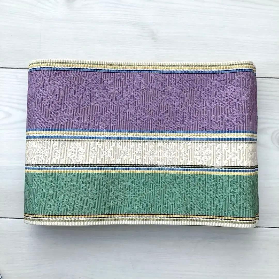 本場筑前博多織　半幅帯　織り出し　花唐草模様　縞模様　正絹　ポケット付No.45