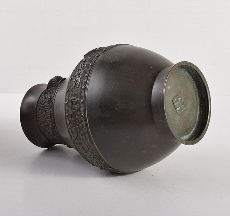 唐銅　桂華堂作　饕餮文　花器　花瓶　平安金英堂　正修識箱　V　R4933C