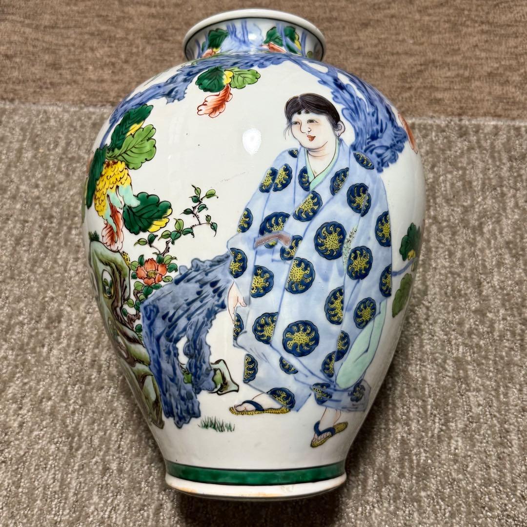 九谷 染付 色絵 仙人細密絵付花瓶 壷 古美術品(花器花入)