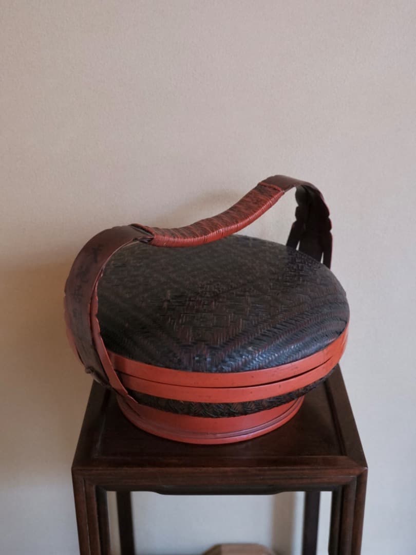 李朝・高麗　竹編籠　アンティーク　蓋付き　食籠　野点籠　菓子器　Q1821