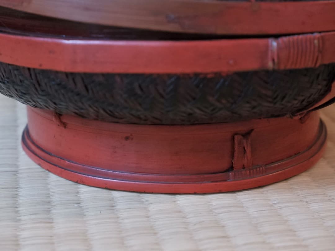 李朝・高麗　竹編籠　アンティーク　蓋付き　食籠　野点籠　菓子器　Q1821