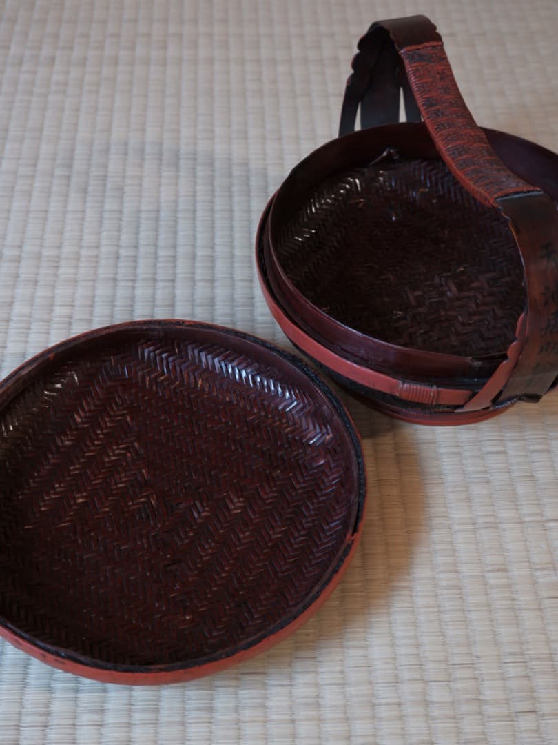 李朝・高麗　竹編籠　アンティーク　蓋付き　食籠　野点籠　菓子器　Q1821