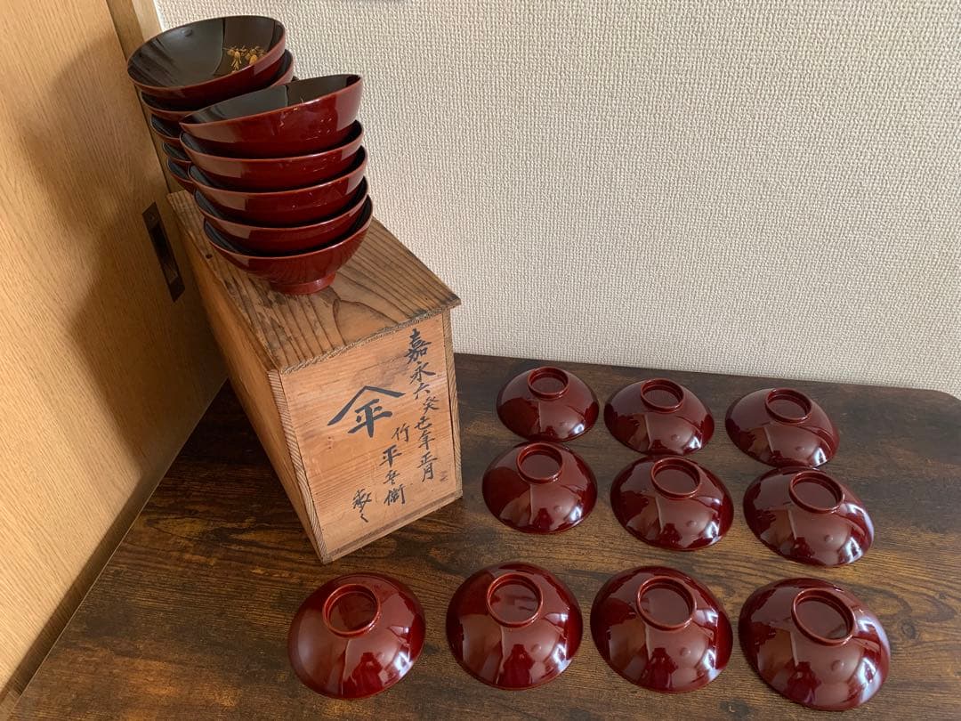 嘉永6年　見返し沈金蒔絵木製吸物椀10客　骨董品　絵がわり椀　汁椀　お椀　珍品