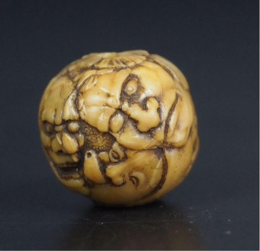 送料無料　江戸時代　鬼面細密彫　緒締玉　　径1.8cm 重4g検/提げ物緒締玉根