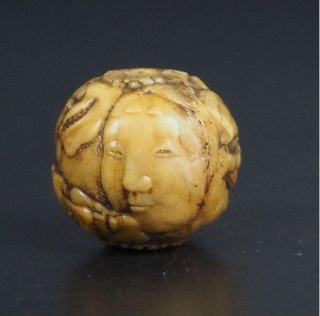 送料無料　江戸時代　鬼面細密彫　緒締玉　　径1.8cm 重4g検/提げ物緒締玉根