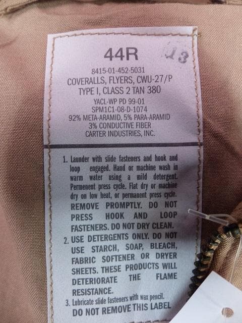 米軍実物 ＮＥＷ! ＣＷＵ－27／Ｐ　タン　４４R　Ｃ126