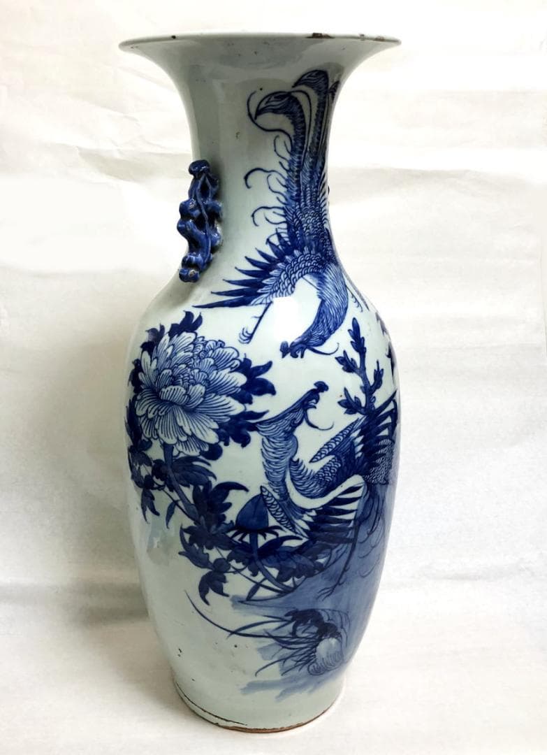 清時代中期 古染付 牡丹花鳥紋様 磁器大花瓶 文物商店蝋印鑑定 WWTT199