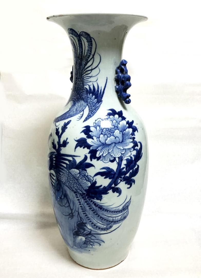 清時代中期 古染付 牡丹花鳥紋様 磁器大花瓶 文物商店蝋印鑑定 WWTT199