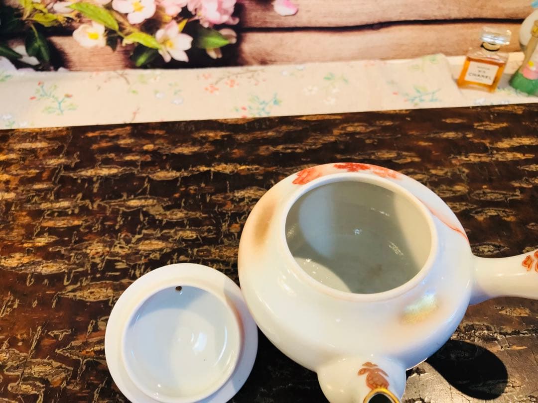 稀少 時代古物 古九谷 赤絵 金彩山水閣楼紋 煎茶器 急須/煎茶碗/湯冷 5点