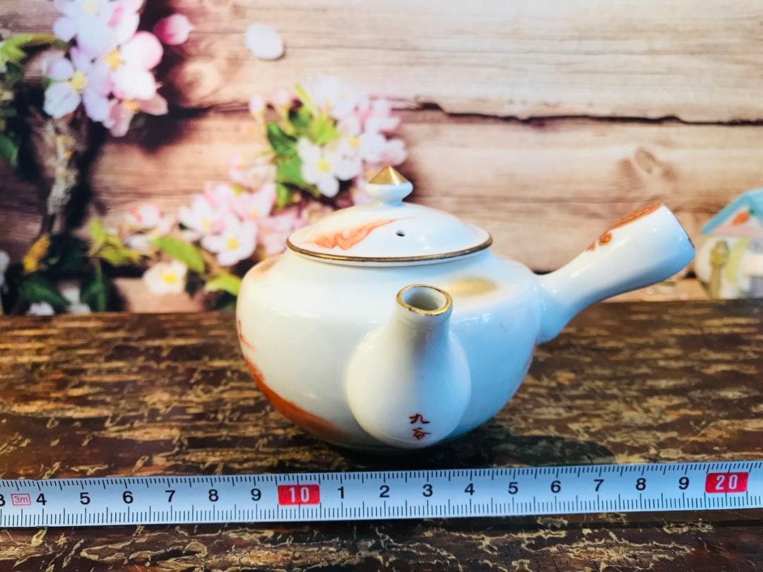 稀少 時代古物 古九谷 赤絵 金彩山水閣楼紋 煎茶器 急須/煎茶碗/湯冷 5点