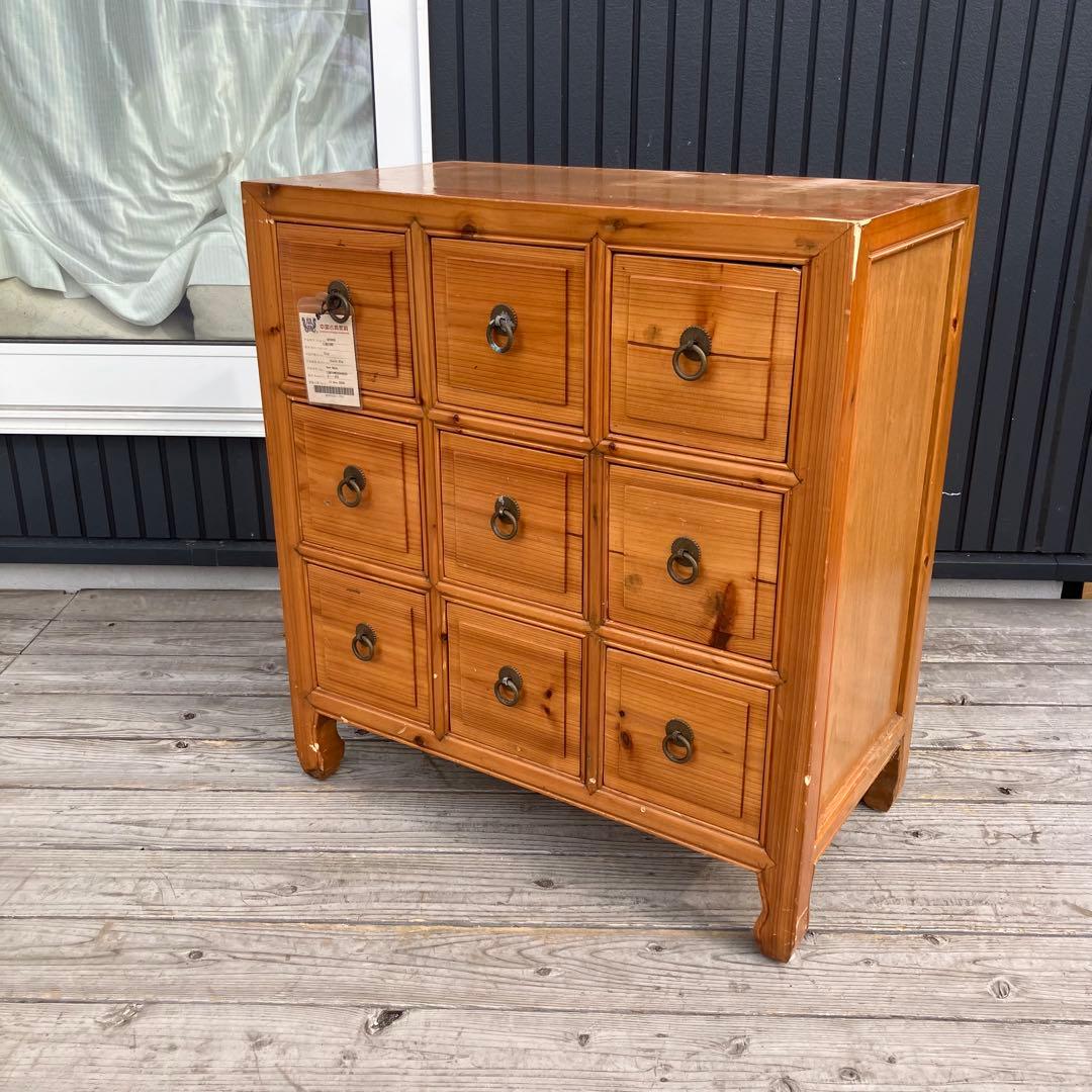 昭和レトロ 中国古典家具 古家具 格子型 木製箪笥 サイドボード 3段9杯