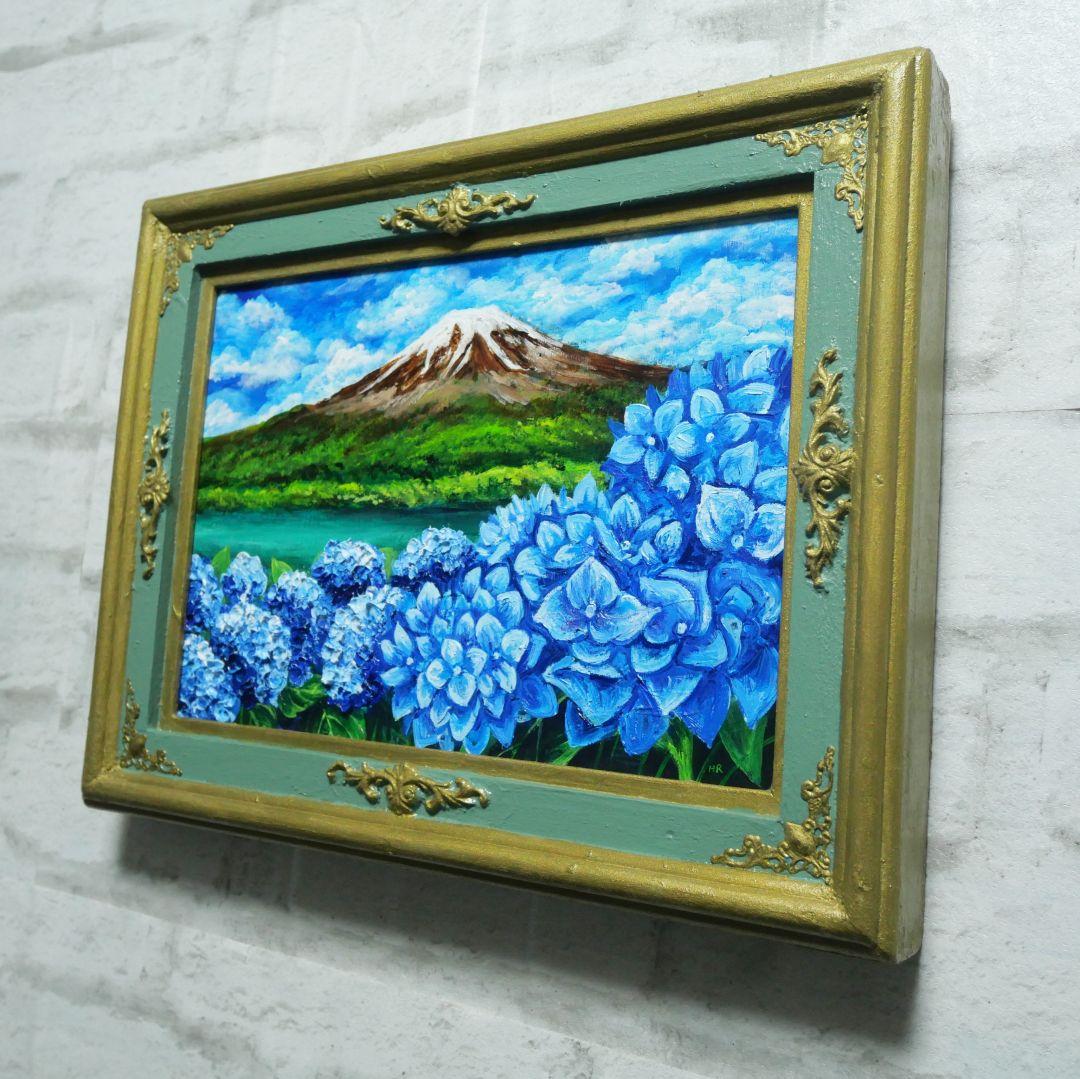 油絵 油彩 油彩画 絵 絵画【富士山と紫陽花】