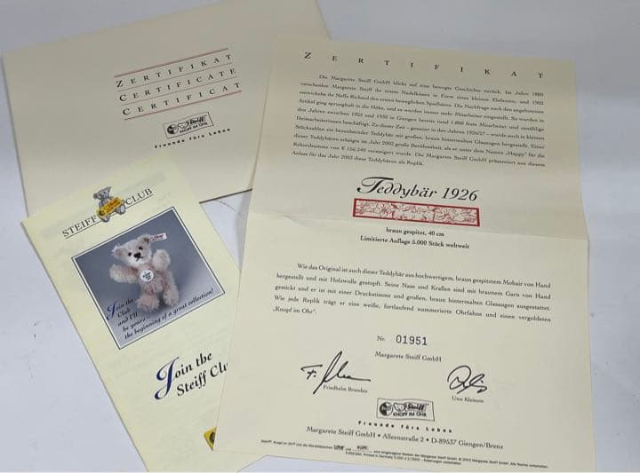 希少♪1926年 シュタイフ テディベア 40センチ 復刻　2003年　証明書付