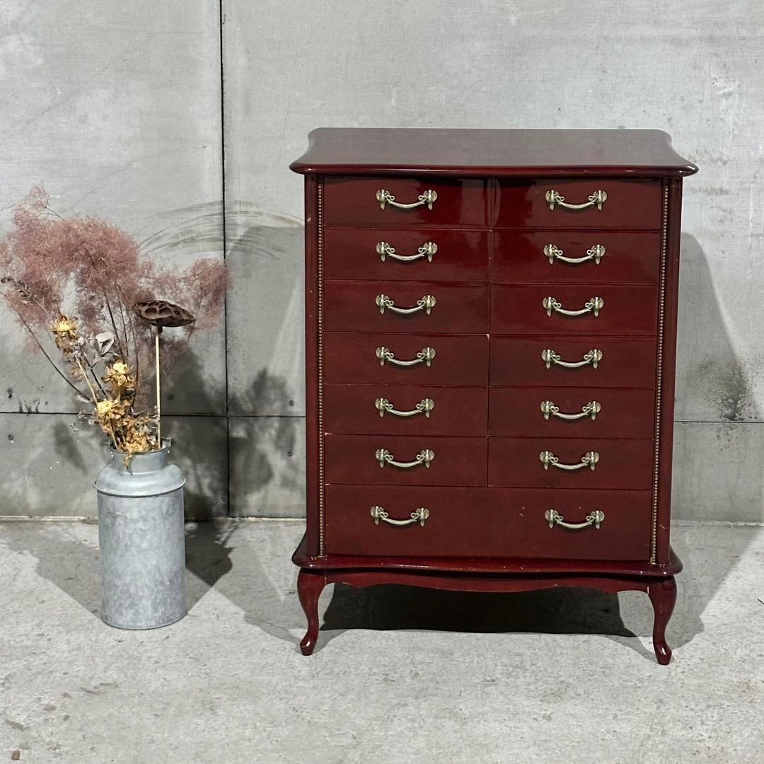 ꧁輸入家具꧂アンティーク調 7段チェスト ワインレッド 猫脚 クラシック収納