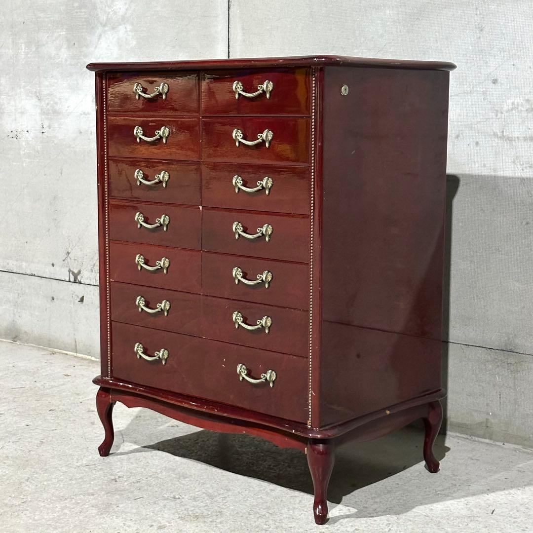 ꧁輸入家具꧂アンティーク調 7段チェスト ワインレッド 猫脚 クラシック収納
