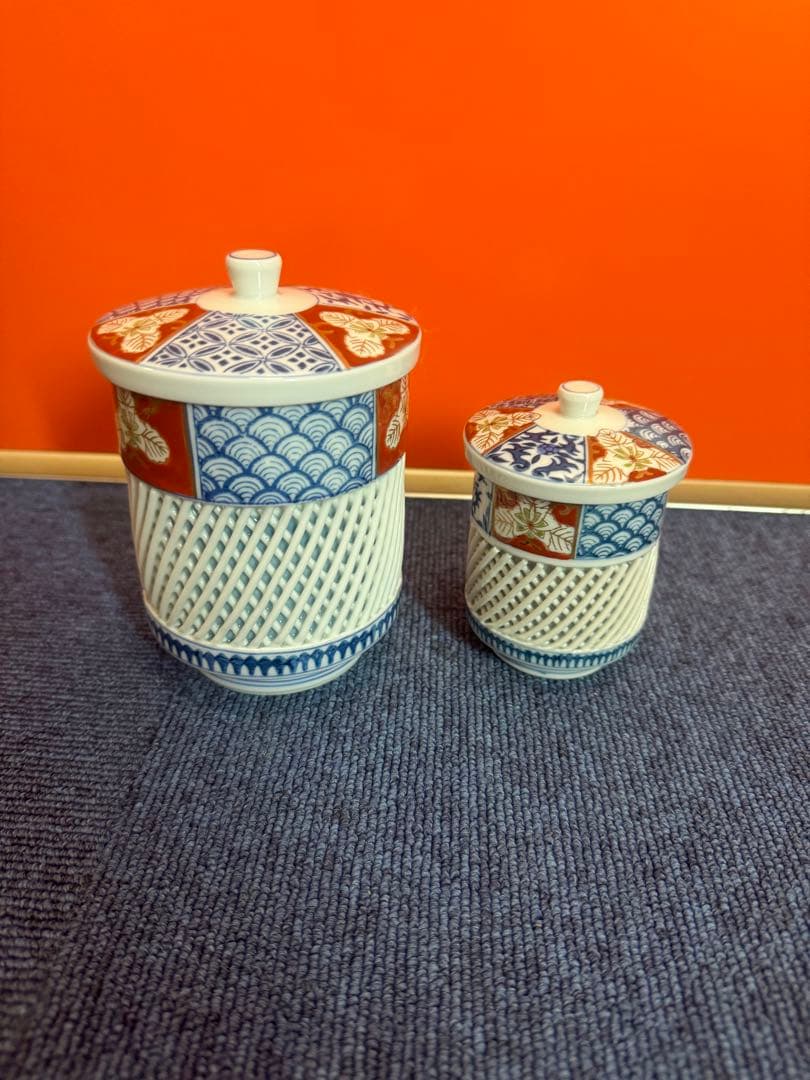 1978 有田焼　西浦琴峰作　白磁篭目焼　湯呑　2客　未使用