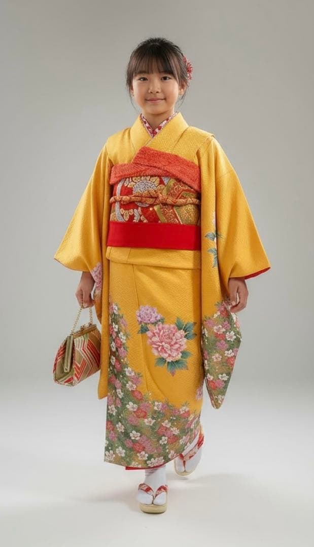 7歳七五三　正絹着物　襦袢　帯　帯揚げ　帯締め　しごき　バッグ　セット