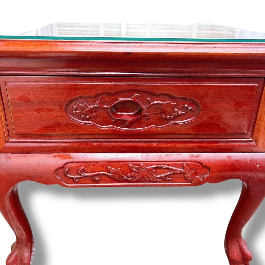 アンティーク 猫脚 螺鈿細工 木製 サイドテーブル 花鳥図 引き出し付き 赤茶