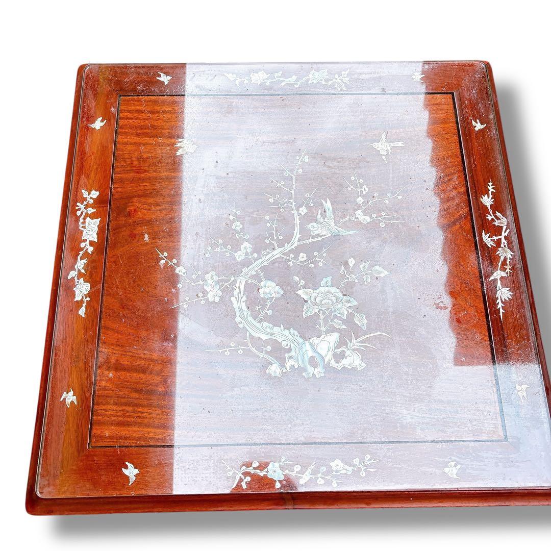 アンティーク 猫脚 螺鈿細工 木製 サイドテーブル 花鳥図 引き出し付き 赤茶