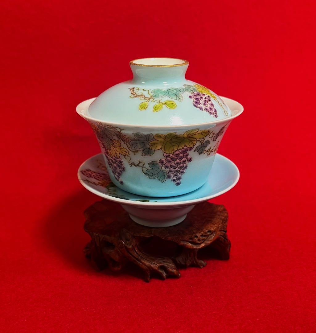 中国美術 古玩 葡萄紋樣 蓋碗 茶器 慎德堂製　茶道具