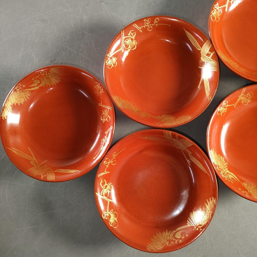 A1375-5/輪島塗/金彩松竹梅堀画輪島朱色木皿20客/向付/懐石道具/銘々皿