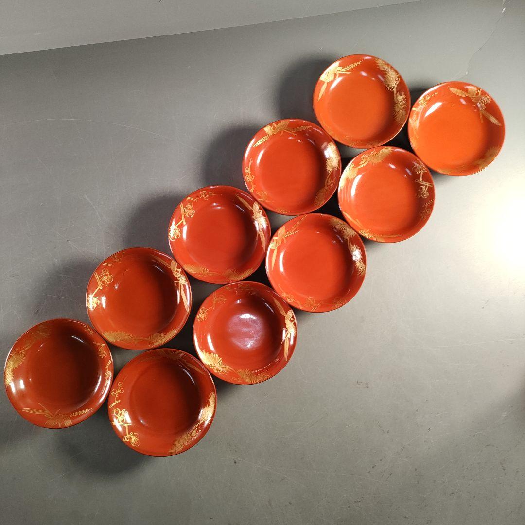 A1375-5/輪島塗/金彩松竹梅堀画輪島朱色木皿20客/向付/懐石道具/銘々皿